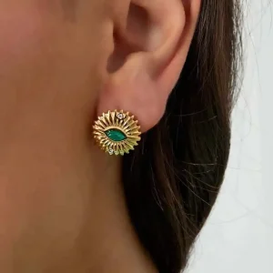 Designové náušnice s krystaly a kamenem, z pozlacené oceli, č. 1506