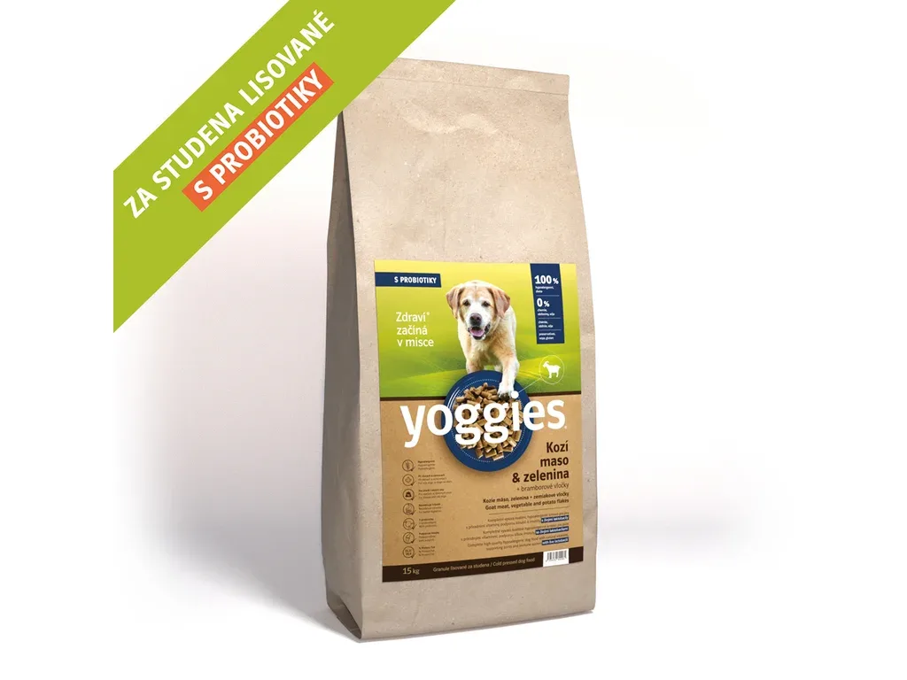 Hypoalergenní granule Yoggies s KOZÍM masem a br. vločkami, lisované za studena s probiotiky 15kg | Pejskovice