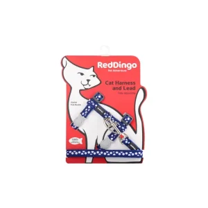 Red Dingo postroj s vodítkem pro kočky – White Spots on Navy – 12 mm | Pejskovice
