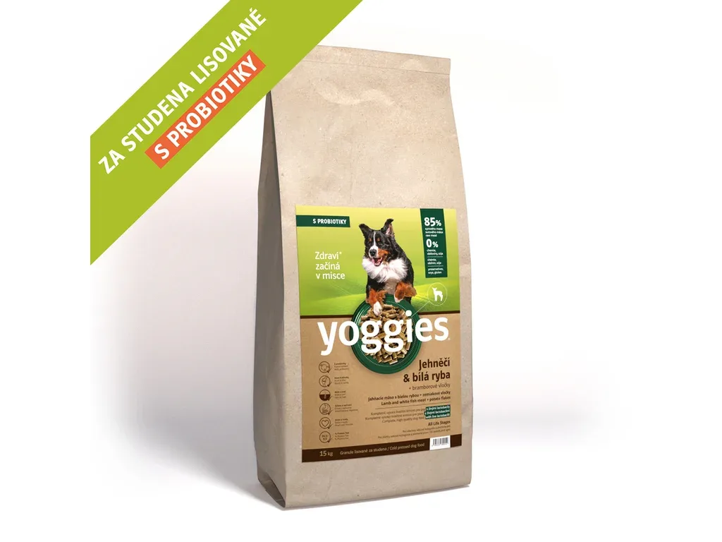 Yoggies granule pro psy lisované za studena s probiotiky, jehněčí a bílá ryba, 15kg | Pejskovice