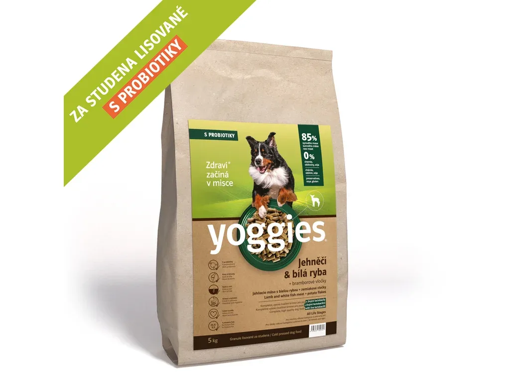 Yoggies granule pro psy lisované za studena s probiotiky, jehněčí a bílá ryba, 5kg | Pejskovice