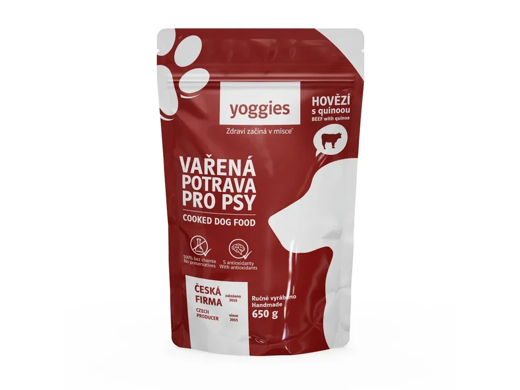 Yoggies Vařená potrava pro psy – hovězí maso s quinoou, 650g | Pejskovice