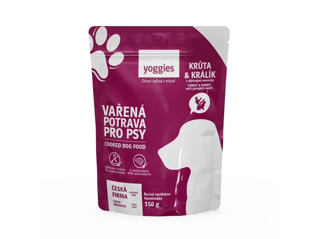 Yoggies Vařená potrava pro psy – krůtí a králičí maso s dýňovými semínky, 150g | Pejskovice