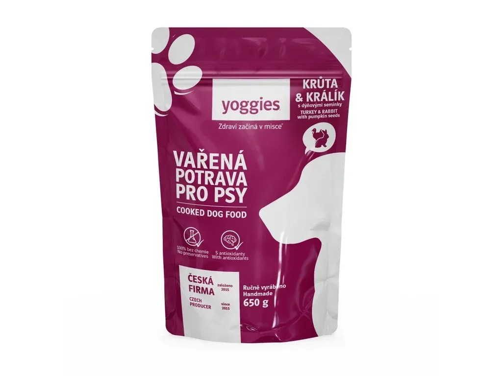 Yoggies Vařená potrava pro psy – krůtí a králičí maso s dýňovými semínky, 650g | Pejskovice