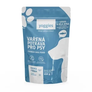 Yoggies Vařená potrava pro psy – losos a bílá ryba s chia semínky, 650g | Pejskovice