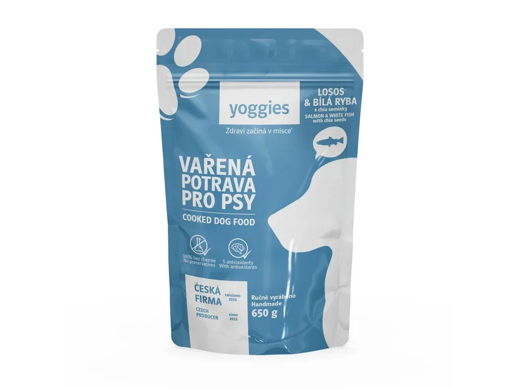 Yoggies Vařená potrava pro psy – losos a bílá ryba s chia semínky, 650g | Pejskovice