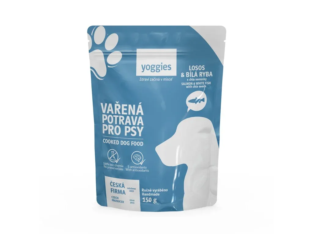 Yoggies Vařená potrava pro psy – losos a bílá ryba s chia semínky a kloubní výživou 150g | Pejskovice