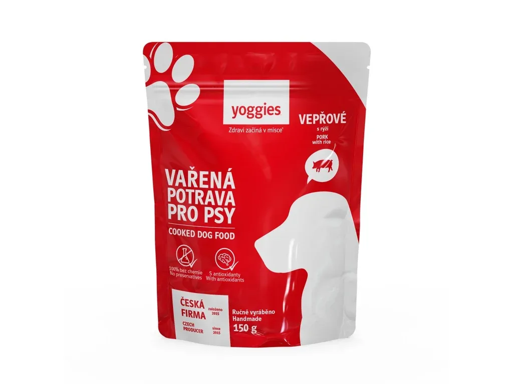 Yoggies Vařená potrava pro psy – vepřové maso s rýží, 150g | Pejskovice