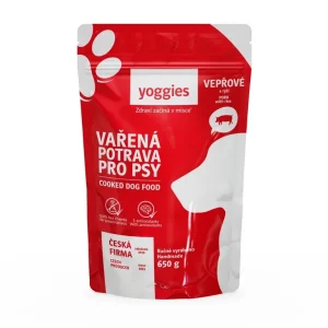 Yoggies Vařená potrava pro psy – vepřové maso s rýží, 650g | Pejskovice