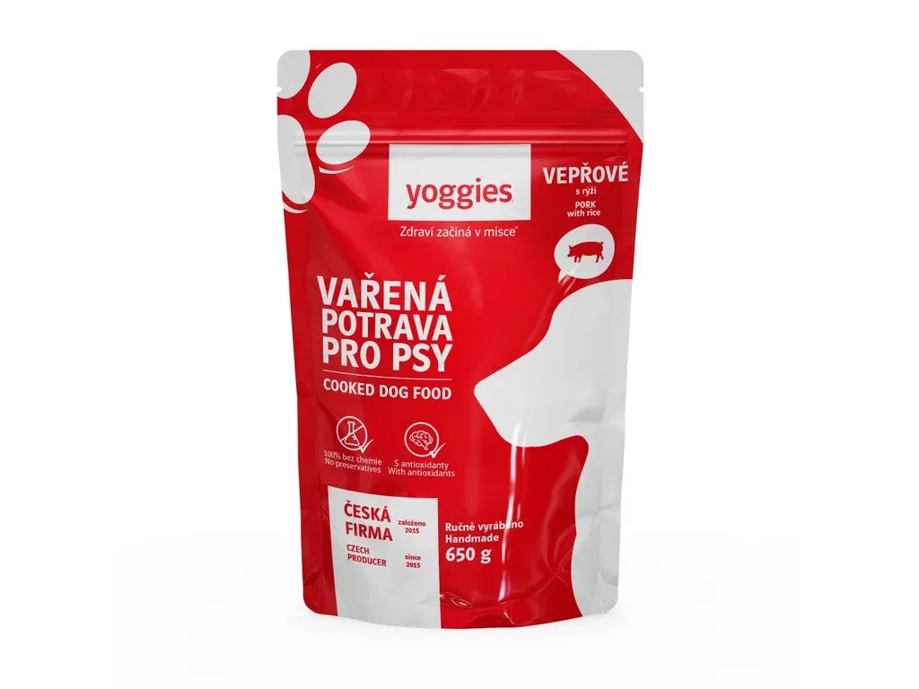 Yoggies Vařená potrava pro psy – vepřové maso s rýží, 650g | Pejskovice